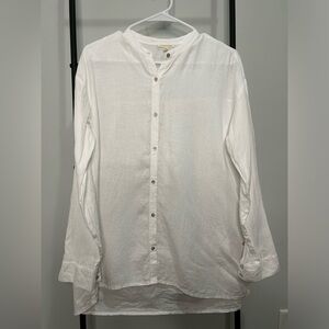 Eileen Fisher White Organic Linen Button-Up Shirt Long Sleeve Tunic